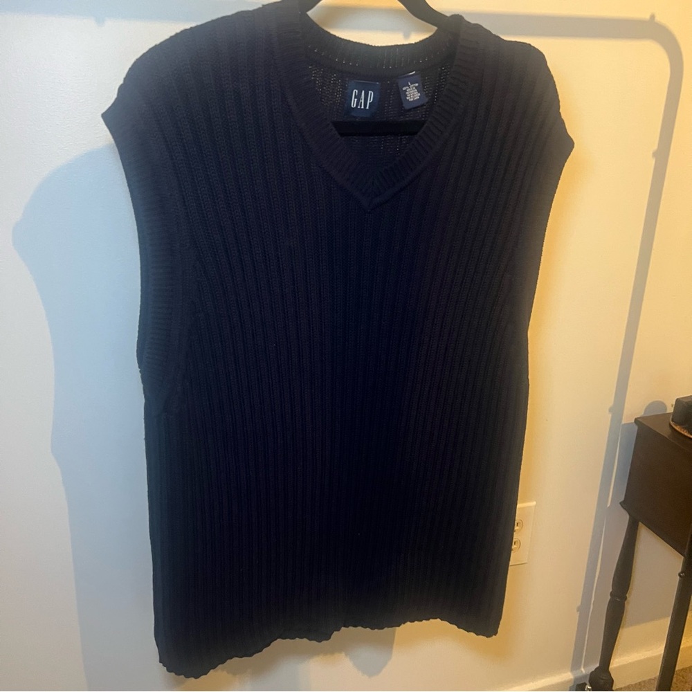 Gap Sweater Vest Men's L Blue Cable Knit 90s Style V-Neck 100% Cotton Pullover